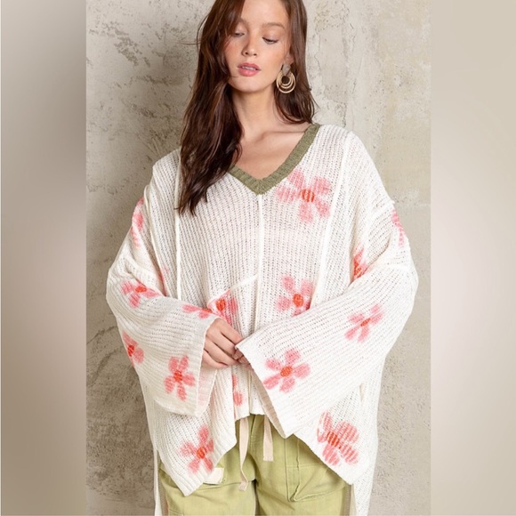 POL - Flower Print Hooded Lightweight Knit Sweater Hoodie - Picture 8 of 11
